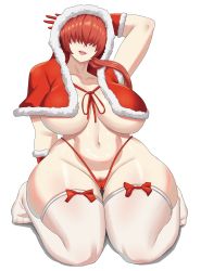 Rule 34 | 1girl, absurdres, arm behind head, arm up, breasts, christmas, christmas stocking, female focus, female pubic hair, goldcrustedchic, hair between eyes, highres, huge breasts, large breasts, long hair, looking at viewer, no bra, open mouth, panties, ponytail, pubic hair, red hair, red panties, shermie (kof), simple background, sitting, smile, solo, string panties, the king of fighters, thighhighs, underwear, white background