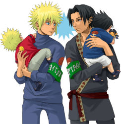 Rule 34 | 4boys, aged down, armband, blonde hair, carrying, character doll, crest, doll, eye contact, family crest, father and son, looking at another, male focus, multiple boys, namikaze minato, naruto, naruto (series), shoulder carry, sui-sui, toddler, uchiha fugaku, uchiha itachi, uchiha sasuke, uzumaki naruto