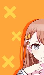 Rule 34 | 1girl, brown hair, closed mouth, commentary request, grey eyes, hair ornament, hanasato minori, highres, index finger raised, long hair, long sleeves, looking at viewer, orange background, project sekai, solo, teneko02, x