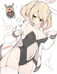 Rule 34 | ?, adapted costume, animal ears, bare shoulders, black leotard, blonde hair, blush, breasts, changing clothes, clothing cutout, commentary request, cowboy shot, curvy, fake animal ears, fishnet cutout, fishnets, flower, garter straps, green eyes, groin, hair flower, hair ornament, highleg, highleg leotard, highres, hololive, jacket, kuma no bansoukou, large breasts, leotard, leotard pull, long sleeves, medium hair, momosuzu nene, momosuzu nene (1st costume), narrow waist, navel cutout, nekko (momosuzu nene), official alternate hairstyle, playboy bunny, rabbit ears, sailor collar, simple background, skindentation, spoken question mark, strapless, strapless leotard, thick thighs, thighhighs, thighs, twintails, undressing, virtual youtuber, white background, white garter straps, white jacket, white thighhighs, wide hips