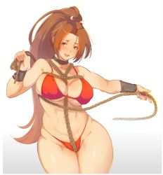 Rule 34 | 1girl, bdsm, between breasts, bikini, black choker, blush, bondage, bound, breasts, choker, cleavage, collar, commentary, crotch ribbon, curvy, english commentary, fatal fury, hair ribbon, high ponytail, holding, holding rope, large breasts, legs together, long hair, nose blush, open mouth, red bikini, ribbon, rope, shibari, shibari over clothes, shiranui mai, slave, snortzog, solo, standing, swimsuit, teeth, the king of fighters, thick thighs, thighs, underboob, upper teeth only, very long hair, white background