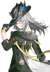Rule 34 | 1girl, absurdres, black gloves, black jacket, blue feathers, commentary request, cowboy shot, feathers, from side, gloves, grey hair, hair between eyes, hat, hat feather, highres, holding, holding clothes, holding hat, honkai: star rail, honkai (series), jacket, long hair, looking at viewer, sidelocks, simple background, smile, solo, stelle (honkai: star rail), trailblazer&#039;s hat (honkai: star rail), trailblazer (honkai: star rail), tutou jiang, white background, yellow eyes