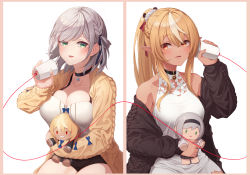 Rule 34 | 2girls, absurdres, black choker, black shorts, blonde hair, blue ribbon, blush, braid, breasts, brown cardigan, cardigan, character doll, choker, cleavage, commentary request, cup, doll, eyes visible through hair, green eyes, hair between eyes, hair ribbon, halterneck, highres, holding, holding cup, holding doll, hololive, large breasts, long hair, long sleeves, looking at another, medium breasts, multicolored hair, multiple girls, one side up, parted lips, pointy ears, ponytail, red eyes, ribbon, shiranui flare, shirogane noel, shirogane noel (casual), shirt, short hair, shorts, sideways glance, sleeveless, sleeveless shirt, streaked hair, string phone, tang-du, virtual youtuber, white background, white hair, white shirt, yellow cardigan
