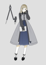 Rule 34 | 1girl, absurdres, black footwear, blush, book, brown eyes, brown hair, closed mouth, compass (instrument), dress, eyes visible through hair, grey background, grey dress, hanatsuki, highres, holding, holding book, long hair, original, personification, simple background, sleeves past wrists, smile, solo