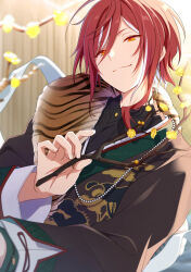 Rule 34 | 1boy, animal, animal on shoulder, black jacket, branch, cat, cat on shoulder, closed mouth, ensemble stars!, flower, highres, holding, holding branch, jacket, long sleeves, looking at viewer, male focus, multicolored hair, red hair, sakasaki natsume, short hair, smile, solo, take no ko, white hair, yellow eyes, yellow flower