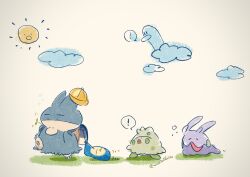 Rule 34 | !, artist name, backpack, bag, closed eyes, closed mouth, cloud, commentary request, creatures (company), fangs, game freak, gen 3 pokemon, gen 4 pokemon, gen 6 pokemon, goomy, hat, highres, munchlax, nintendo, no humans, on grass, open mouth, pokemon, pokemon (creature), shroomish, simple background, solid circle eyes, spoken exclamation mark, sun, twitter username, walking, white background, wiglett, yellow hat, zozozoshion