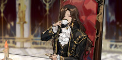 Rule 34 | 1girl, ascot, brown hair, chair, cup, dias (the distortion detective), drinking, frilled ascot, frills, holding, holding cup, holding pocket watch, jacket, long hair, long sleeves, nishikujic, pocket watch, project moon, sitting, solo, suit jacket, teacup, the distortion detective, vest, watch, white ascot