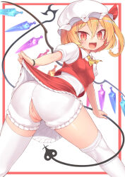 Rule 34 | 1girl, :d, absurdres, anus, ascot, ass, blonde hair, bloomers, blush, border, bracelet, breasts, cameltoe, cleft of venus, collared shirt, crotchless, crotchless bloomers, crystal, fang, flandre scarlet, frilled skirt, frills, harunoha, hat, highres, jewelry, laevatein (touhou), lifted by self, looking at viewer, mob cap, one side up, open mouth, puffy short sleeves, puffy sleeves, pussy, red border, red eyes, red skirt, red vest, shirt, short hair, short sleeves, skirt, slit pupils, small breasts, smile, thighhighs, touhou, underwear, variant set, vest, white background, white headwear, white shirt, white thighhighs, wings, yellow ascot