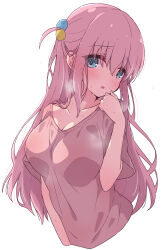 Rule 34 | 1girl, blue eyes, blush, bocchi the rock!, breasts, cleavage, collarbone, cube hair ornament, gotoh hitori, hair ornament, highres, large breasts, long hair, looking at viewer, mel (melty pot), pink hair, pink shirt, shirt, short sleeves, simple background, solo, sweat, t-shirt, white background