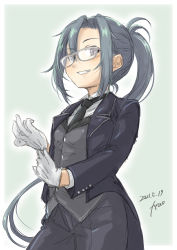 Rule 34 | 1girl, absurdres, amagiri (kancolle), asymmetrical bangs, black neckwear, black vest, butler, commentary request, cowboy shot, crossdressing, dated, female butler, formal, fyuo, glasses, gloves, grey eyes, grey hair, grin, hair between eyes, highres, kantai collection, long hair, one-hour drawing challenge, pant suit, pants, parted lips, ponytail, smile, solo, suit, tailcoat, tuxedo, twitter username, very long hair, vest, white gloves