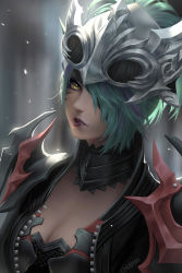 Rule 34 | 1girl, animal ears, aqua hair, armor, artist name, bandage over one eye, blurry, blurry background, breasts, cat ears, choker, chuby mi, cleavage, facial mark, final fantasy, final fantasy xiv, helmet, highres, lip biting, lips, looking at viewer, medium breasts, miqo&#039;te, multicolored hair, pauldrons, portrait, short hair, shoulder armor, shoulder spikes, solo, spikes, two-tone hair, yellow eyes