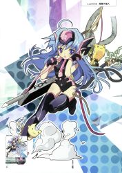 Rule 34 | 1girl, absurdres, ahoge, blue hair, cable, exit trance, fingerless gloves, gloves, head-mounted display, highres, instrument, keytar, long hair, necktie, purple eyes, takashina masato, thighhighs