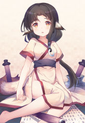 Rule 34 | 1girl, animal ears, black hair, commentary request, dog ears, dog tail, eruruu, japanese clothes, legs, leilin, long hair, looking at viewer, low-tied long hair, md5 mismatch, no panties, orange eyes, parted bangs, resolution mismatch, short sleeves, simple background, sitting, solo, source larger, tail, utawarerumono