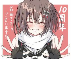 Rule 34 | 1girl, anniversary, black gloves, black neckerchief, brown hair, buttons, closed eyes, dairyo3, double-breasted, facing viewer, fingerless gloves, gloves, grin, hair ornament, highres, kantai collection, neckerchief, sailor collar, scarf, school uniform, sendai (kancolle), sendai kai ni (kancolle), serafuku, shirt, sleeveless, sleeveless shirt, smile, solo, two side up, white sailor collar, white scarf