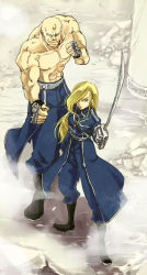 Rule 34 | 00s, 1boy, 1girl, alex louis armstrong, blonde hair, blue eyes, brother and sister, facial hair, fullmetal alchemist, hoshino hitsuki, military, military uniform, muscular, mustache, olivier mira armstrong, siblings, sword, uniform, weapon