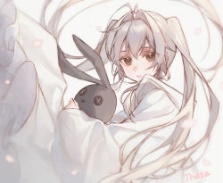 Rule 34 | 1girl, artist name, bad id, bad pixiv id, brown eyes, closed mouth, commentary, dress, expressionless, falling petals, floating hair, from side, grey hair, holding, holding stuffed toy, kasugano sora, long hair, long sleeves, looking at viewer, looking to the side, petals, simple background, solo, stuffed animal, stuffed rabbit, stuffed toy, theta (swfh8575), twintails, very long hair, white background, white dress, yosuga no sora
