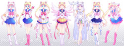 Rule 34 | 1990s (style), 6+girls, bad id, bad pixiv id, bishoujo senshi sailor moon, bishoujo senshi sailor moon sailor stars, blonde hair, blue eyes, blue sailor collar, blue skirt, boots, bow, brooch, cape, checkered background, choker, closed eyes, costume chart, crescent, crescent facial mark, earrings, english text, eternal sailor moon, facial mark, gloves, gradient background, hair bun, hands on own hips, heart, heart brooch, heart hair bun, highres, jewelry, layered skirt, lineup, long hair, magical girl, multicolored clothes, multicolored skirt, multiple girls, multiple persona, official alternate costume, one eye closed, open mouth, own hands clasped, own hands together, pink hair, pleated skirt, pretty guardian sailor moon, princess sailor moon, purple eyes, red bow, retro artstyle, sailor collar, sailor cosmos, sailor moon, sailor moon musical, sailor senshi, saki (hxaxcxk), skirt, smile, super sailor moon, tiara, tongue, tongue out, tsukino usagi, twintails, v, very long hair, white choker, white footwear, white gloves, white hair, wing brooch, wings, wink
