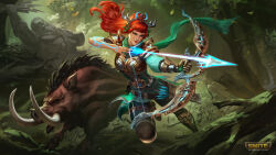 Rule 34 | 1girl, absurdres, armor, artemis (smite), blue eyes, boar, bow (weapon), copyright name, forest, gaston aguilera, green scarf, highres, holding, holding bow (weapon), holding weapon, logo, long hair, nature, orange hair, outdoors, pauldrons, scarf, shoulder armor, smite, solo, weapon