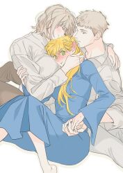 Rule 34 | 1boy, 2girls, blonde hair, blue dress, blush, boy and girl sandwich, brother and sister, brown pants, closed eyes, commentary, dress, dungeon meshi, ear blush, elf, falin touden, frown, full-face blush, green eyes, laios touden, light brown hair, light smile, long hair, marcille donato, medium hair, multiple girls, pants, pointy ears, puffy cheeks, sandwiched, shirt, short hair, siblings, sitting, sweat, symbol-only commentary, v-shaped eyebrows, wawa (wawawa0080), white background, white pants, white shirt, yellow eyes
