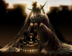Rule 34 | 1girl, backlighting, castle, crown, green eyes, green hair, hatsune miku, highres, horns, long hair, matching hair/eyes, saihate (saihate d3), sitting, solo, the beast (vocaloid), thighhighs, twintails, very long hair, vocaloid
