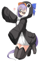 Rule 34 | 1girl, aikawa ryou, animal costume, black jacket, blue eyes, blue ribbon, blush, commentary request, fate/grand order, fate (series), glasses, heart, highres, hood, hood up, jacket, long hair, looking at viewer, looking over eyewear, looking over glasses, meltryllis, meltryllis (fate), meltryllis (swimsuit lancer) (fate), meltryllis (swimsuit lancer) (first ascension) (fate), penguin costume, purple hair, ribbon, simple background, sleeves past fingers, sleeves past wrists, smile, solo, sunglasses, tinted eyewear, very long hair, white background