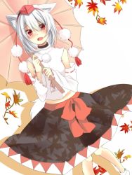 Rule 34 | 1girl, animal ears, bad id, bad pixiv id, blush, breasts, detached sleeves, fang, hat, high collar, holding, holding umbrella, inubashiri momiji, leaf, long sleeves, looking at viewer, maple leaf, open mouth, parasol, pom pom (clothes), punya, red eyes, sash, short hair, silver hair, skirt, solo, tail, tokin hat, touhou, umbrella, wolf ears, wolf tail