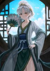 Rule 34 | 1girl, aqua eyes, blush, breasts, cleavage, cloud, copyright request, day, feather fan, hand fan, hand on own hip, highres, holding, holding fan, indoors, parted bangs, short hair, silver hair, small breasts, solo, sonchi, standing, tiara, window