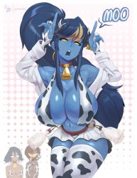 Rule 34 | 3girls, absurdres, animal print, armpits, arms up, artist name, bell, black legwear, blue hair, blue skin, bottle, breasts, character request, cleavage, collar, collarbone, colored skin, cow print, cowbell, cowboy shot, dark-skinned female, dark skin, earrings, geistbox, highres, hoop earrings, huge breasts, jewelry, leaning forward, long hair, looking at viewer, mania (geistbox), milk bottle, miniskirt, multicolored clothes, multicolored hair, multicolored legwear, multiple girls, navel, neck bell, new year, no pupils, open mouth, original, pandy (geistbox), ponytail, shiny skin, skirt, solo focus, speech bubble, teeth, thick thighs, thighhighs, thighs, twitter username, two-tone hair, upper teeth only, white legwear, white skirt, zettai ryouiki