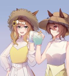Rule 34 | 2girls, agnes tachyon (umamusume), alternate costume, animal ears, bare shoulders, braid, breasts, brown hair, brown hat, closed mouth, cup, drinking straw, earrings, ears through headwear, french braid, gradient background, hair between eyes, hair ornament, hairclip, hand on own hip, hat, high-waist skirt, highres, holding, holding cup, horse ears, jewelry, jungle pocket (umamusume), long sleeves, medium hair, multiple girls, open mouth, red eyes, sb (akagikeai), see-through, see-through sleeves, shirt, shirt tucked in, short hair, single earring, skirt, sleeveless, sleeveless shirt, small breasts, smile, straw hat, toasting (gesture), umamusume, upper body, white shirt, white skirt, yellow eyes, yellow skirt