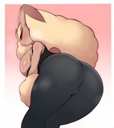Rule 34 | 1girl, absurdres, ass, ass focus, bare shoulders, black sclera, blush, breasts, colored sclera, cowboy shot, creatures (company), curvy, from below, furry, game freak, gen 4 pokemon, half-closed eyes, highres, huge ass, huge breasts, large breasts, looking at viewer, lopunny, nintendo, open mouth, pants, pokemon, rabbit tail, red eyes, saltyxodium, shiny skin, simple background, solo, steaming body, sweat, tail, thick thighs, thighs, wide hips, yoga pants