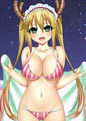 Rule 34 | 10s, 1girl, :d, bikini, breasts, brown hair, collarbone, commentary, dragon girl, dragon horns, fang, gluteal fold, green eyes, groin, hair between eyes, halterneck, handsofmidaz, head tilt, highres, holding, horns, kobayashi-san chi no maidragon, large breasts, long hair, looking at viewer, maid headdress, navel, night, night sky, open mouth, outdoors, paid reward available, sky, slit pupils, smile, solo, striped bikini, striped clothes, swimsuit, tohru (maidragon), towel, twintails, very long hair