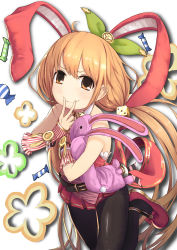 Rule 34 | &gt;:), 10s, 1girl, animal ears, bad id, bad pixiv id, bare shoulders, belt, black pantyhose, blush, brown eyes, brown hair, closed mouth, dice hair ornament, finger to mouth, futaba anzu, granblue fantasy, hair ornament, idolmaster, idolmaster cinderella girls, long hair, looking at viewer, low twintails, pantyhose, rabbit ears, simple background, smile, solo, syoka, syoka (bibliotheca1), tareme, twintails, v, v-shaped eyebrows, very long hair, white background