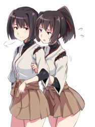 Rule 34 | 10s, 2girls, bad id, bad pixiv id, brown eyes, brown hair, hair ribbon, hyuuga (kancolle), ise (kancolle), japanese clothes, kantai collection, multiple girls, open mouth, personification, ponytail, ribbon, smile, sweatdrop, ulrich (tagaragakuin)