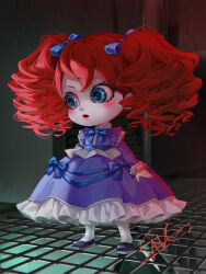Rule 34 | 1girl, blue dress, dress, highres, makeup, poppy playtime, poppy playtime (character), red hair, ribbon, twintails
