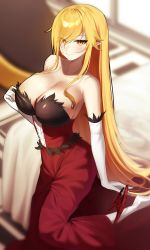 Rule 34 | 1girl, absurdres, bare shoulders, bed, bed sheet, blonde hair, blurry, blurry background, blush, breasts, cleavage, closed mouth, commentary, dress, elbow gloves, gloves, hair between eyes, highres, indoors, kiss-shot acerola-orion heart-under-blade, kizumonogatari, large breasts, long hair, looking at viewer, monogatari (series), oshino shinobu, panties, panties around leg, panty pull, pointy ears, pulling own clothes, red dress, red panties, sbgu, slit pupils, solo, standing, standing on one leg, straight hair, swept bangs, underwear, very long hair, white gloves, yellow eyes