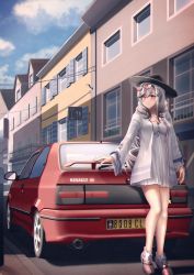 Rule 34 | 1girl, azur lane, bakkasu150, black hat, blue sky, car, dress, drill hair, dunkerque (afternoon venus) (azur lane), dunkerque (azur lane), eyewear on head, french flag, full body, hat, highres, jacket, long hair, looking at viewer, motor vehicle, official alternate costume, open clothes, open jacket, outdoors, partially unbuttoned, pink-tinted eyewear, red eyes, renault, renault 19, shoes, short dress, sky, solo, sun hat, tinted eyewear, vehicle focus, very long hair, white dress, white footwear, white jacket