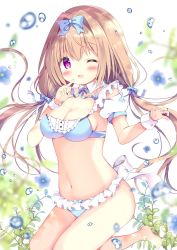 Rule 34 | 1girl, ;d, azumi kazuki, bikini, blue bikini, blue bow, blue flower, blurry, blurry background, blush, bow, breasts, brown hair, cleavage, commentary, depth of field, detached sleeves, flower, frilled bikini, frills, hair between eyes, hair bow, hand up, highres, long hair, looking at viewer, low twintails, medium breasts, one eye closed, open mouth, original, puffy short sleeves, puffy sleeves, purple eyes, short sleeves, smile, solo, swimsuit, symbol-only commentary, twintails, very long hair, water drop, white background, white sleeves, wrist cuffs