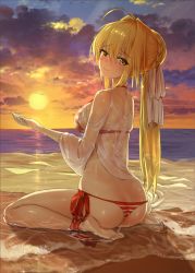 Rule 34 | ahoge, ass, beach, bikini, braid, butt crack, crystal shoujo, day, fate (series), hair between eyes, hair intakes, halterneck, highres, looking at viewer, looking back, nero claudius (fate), nero claudius (fate) (all), nero claudius (swimsuit caster) (fate), nero claudius (swimsuit caster) (third ascension) (fate), ocean, outdoors, see-through, side-tie bikini bottom, sitting, sky, solo, striped bikini, striped clothes, sunset, swimsuit, wariza, water, wet, wet clothes