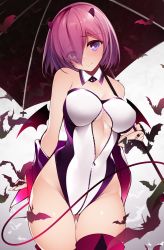 Rule 34 | 1girl, absurdres, alternate costume, bare shoulders, bat (animal), blush, breasts, center opening, cleavage, closed mouth, demon tail, detached collar, eyes visible through hair, fate/grand order, fate (series), hair over one eye, head tilt, highres, horns, large breasts, leotard, light purple hair, looking at viewer, mash kyrielight, netarou, off shoulder, purple eyes, purple thighhighs, short hair, solo, tail, thighhighs, thighs, umbrella, white leotard