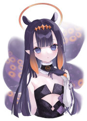Rule 34 | 1girl, :o, absurdres, arm at side, bad id, bad twitter id, bare shoulders, black gloves, black hair, blunt bangs, collarbone, cropped torso, detached sleeves, flat chest, fur choker, gloves, grey eyes, halo, highres, hololive, hololive english, mashiro shiki, mole, mole under eye, ninomae ina&#039;nis, ninomae ina&#039;nis (1st costume), open mouth, pointy ears, single detached sleeve, solo, tentacle hair, tentacles, virtual youtuber
