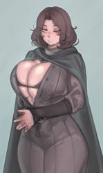 Rule 34 | absurdres, breasts, brown hair, bursting breasts, elden ring, from software, highres, kelvin hiu, large breasts, melina (elden ring), namco, one eye closed, thick thighs, thighs