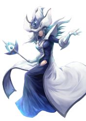 Rule 34 | 1girl, blue hair, breasts, comic, deadspike nine, dress, duel monster, floating, full body, gloves, grey eyes, hair over one eye, hand up, hat, highres, hip vent, holding, holding wand, medium breasts, robe, silent magician, solo, wand, white background, white gloves, white hair, witch hat, yu-gi-oh!