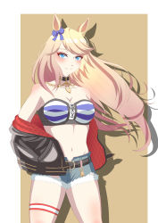 Rule 34 | 1girl, absurdres, animal ears, bandeau, bare shoulders, belt, black belt, black choker, black jacket, blonde hair, blue bow, blue eyes, blush, bow, breasts, choker, cleavage, commentary, cowboy shot, cutoffs, denim, denim shorts, drop shadow, gold city (umamusume), hair bow, hand in pocket, highres, horse ears, jacket, long hair, looking at viewer, midriff, navel, obosounds, off shoulder, open clothes, open jacket, short shorts, shorts, small breasts, smile, solo, standing, stomach, strapless, striped bandeau, swept bangs, thigh strap, thighs, tube top, umamusume, very long hair