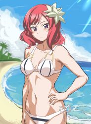 1girl beach bikini blue_sky breasts closed_mouth cloud collarbone day flower hair_flower hair_ornament hand_on_own_hip love_live! medium_hair navel nishikino_maki ocean outdoors purple_eyes red_hair robota_(36041588) side-tie_bikini_bottom sky small_breasts solo stomach swimsuit white_bikini