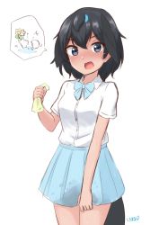 Rule 34 | 1girl, absurdres, alternate costume, black eyes, black hair, blue bow, blue bowtie, blue skirt, blush, bow, bowtie, commentary, cowboy shot, hair between eyes, head wings, highres, kemono friends, looking at viewer, medium hair, open mouth, pleated skirt, shiraha maru, shirt, short sleeves, simple background, skirt, solo, spoken object, superb bird-of-paradise (kemono friends), tail, wet, wet clothes, wet skirt, white background, white shirt, wings