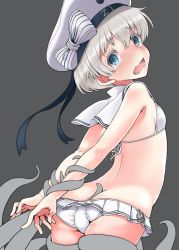 Rule 34 | 1girl, bikini, bikini skirt, blue eyes, commentary request, cowboy shot, crying, crying with eyes open, fujii jun, grey background, hat, imminent rape, kantai collection, microskirt, open mouth, restrained, sailor bikini, sailor collar, sailor hat, short hair, side-tie bikini bottom, silver hair, simple background, skirt, solo, swimsuit, tears, tentacles, tentacles under clothes, wavy mouth, white bikini, white hat, white sailor collar, z1 leberecht maass (kancolle)