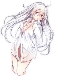 Rule 34 | 1girl, bad id, bad twitter id, bags under eyes, borrowed character, collared shirt, commentary request, cropped legs, hair between eyes, highres, long hair, long sleeves, looking at viewer, naked shirt, open clothes, open shirt, original, otokuyou, parted lips, red eyes, scar, shirt, simple background, solo, surgical scar, white background, white hair, white shirt, wing collar