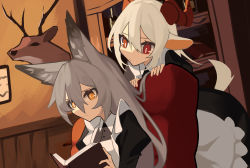 Rule 34 | 2girls, :/, absurdres, animal ears, black sleeves, book, buttons, chair, deer, ghost (tama), goat ears, goat girl, goat horns, goat tail, grey hair, hair between eyes, highres, holding, holding book, horns, indoors, juliet sleeves, light smile, long hair, long sleeves, looking at another, looking down, maid, medium hair, multiple girls, open book, original, puffy sleeves, reading, red eyes, sitting, slit pupils, smile, white hair, wing collar, wolf, wolf ears, wolf girl, yellow eyes