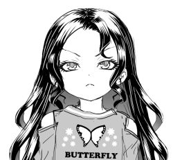 Rule 34 | 1girl, bug, butterfly, clothes writing, clothing cutout, eyelashes, frown, greyscale, insect, long hair, looking at viewer, monochrome, mudou eichi, original, shoulder cutout, simple background, sketch, solo, upper body, v-shaped eyebrows, wavy hair