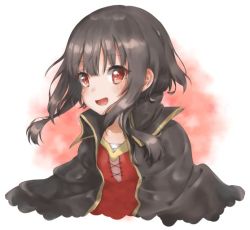 Rule 34 | 1girl, :d, bad id, bad pixiv id, black hair, cape, check commentary, commentary request, dress, kono subarashii sekai ni shukufuku wo!, looking at viewer, megumin, open mouth, red dress, red eyes, riakosan, short hair with long locks, smile, solo, upper body